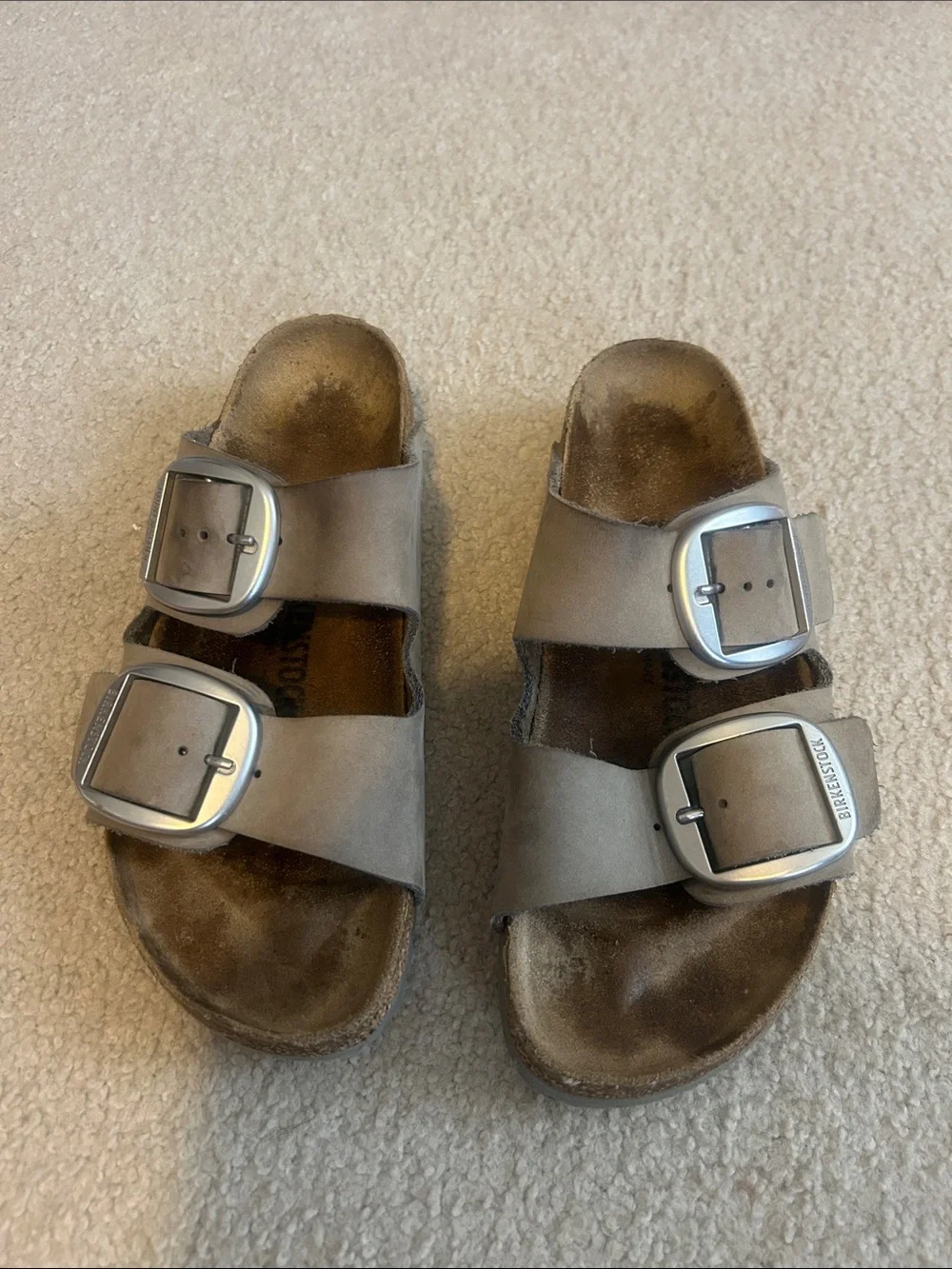 Birkenstock Double Buckle Slides in Light Taupe Suede